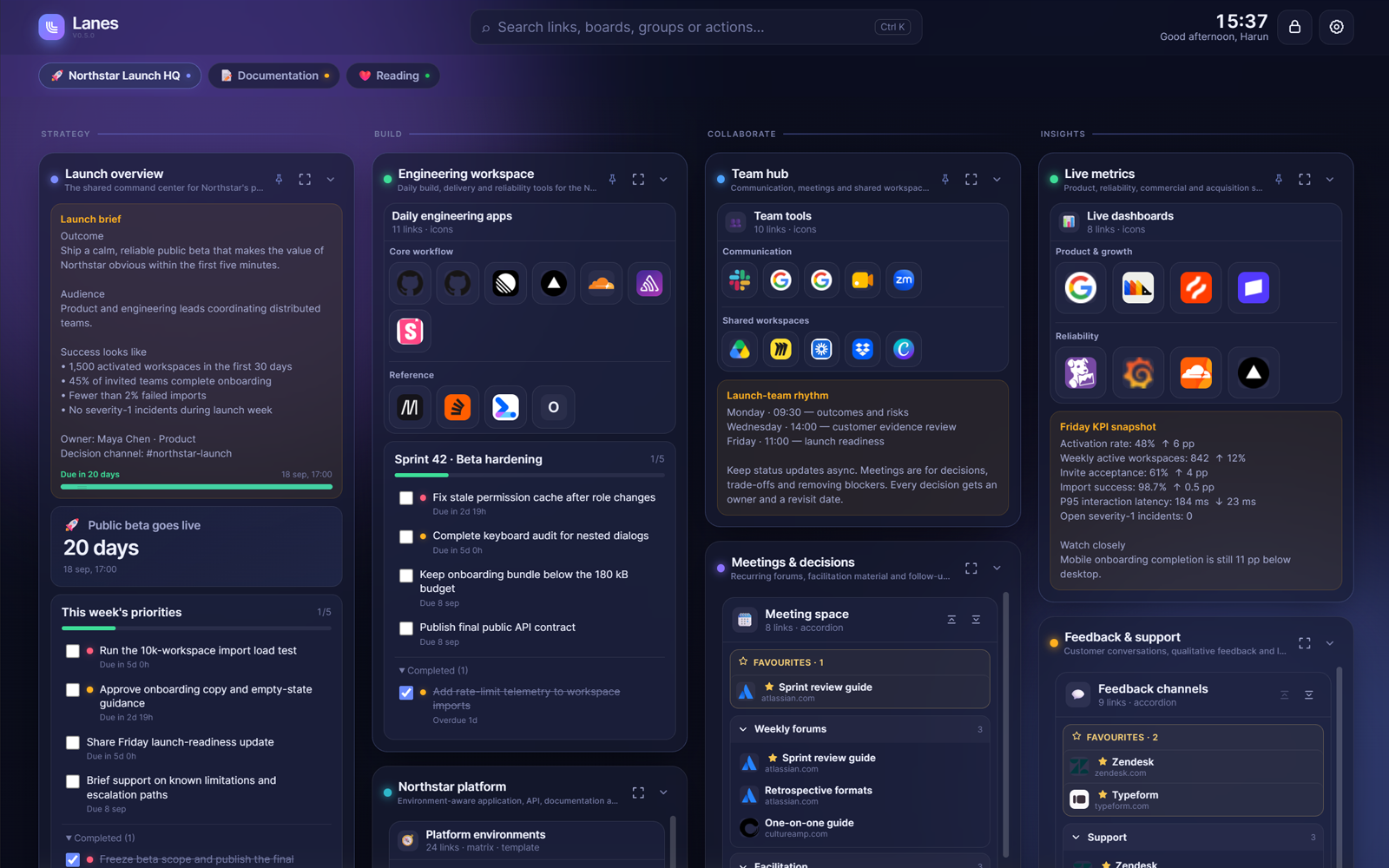 A Lanes board called Northstar Launch HQ, split into four named lanes: Strategy, Build, Collaborate and Insights. Between them sit a launch brief note, a countdown reading twenty days to public beta, priority checklists with due dates, grids of application icons and accordion collections.